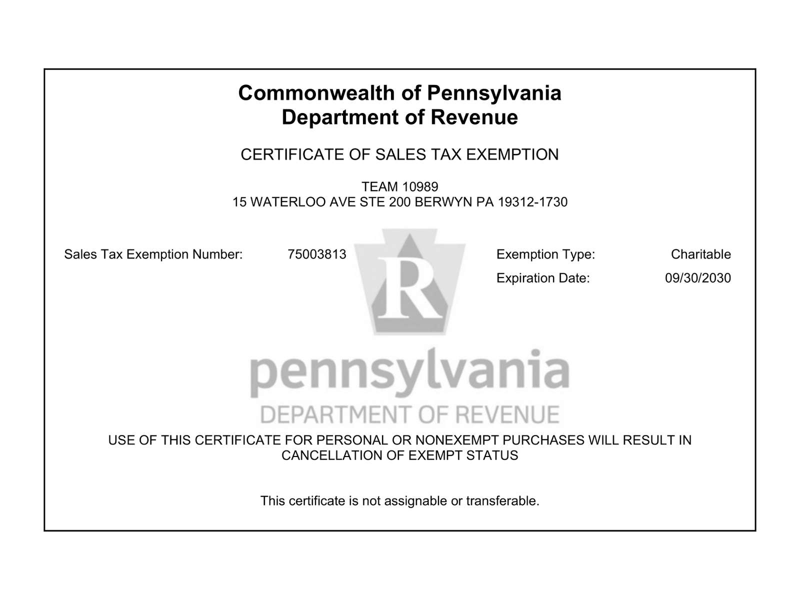 Sales Tax Exemption Certificate