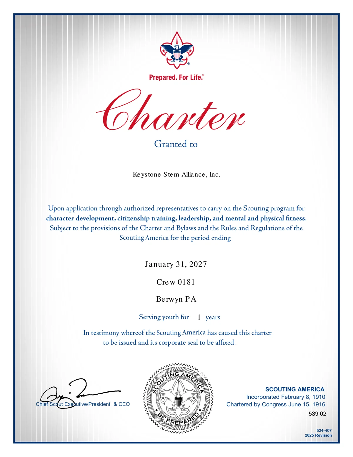 Scouting America charter certificate granted to Keystone STEM Alliance for Venturing Crew 181, Berwyn, PA