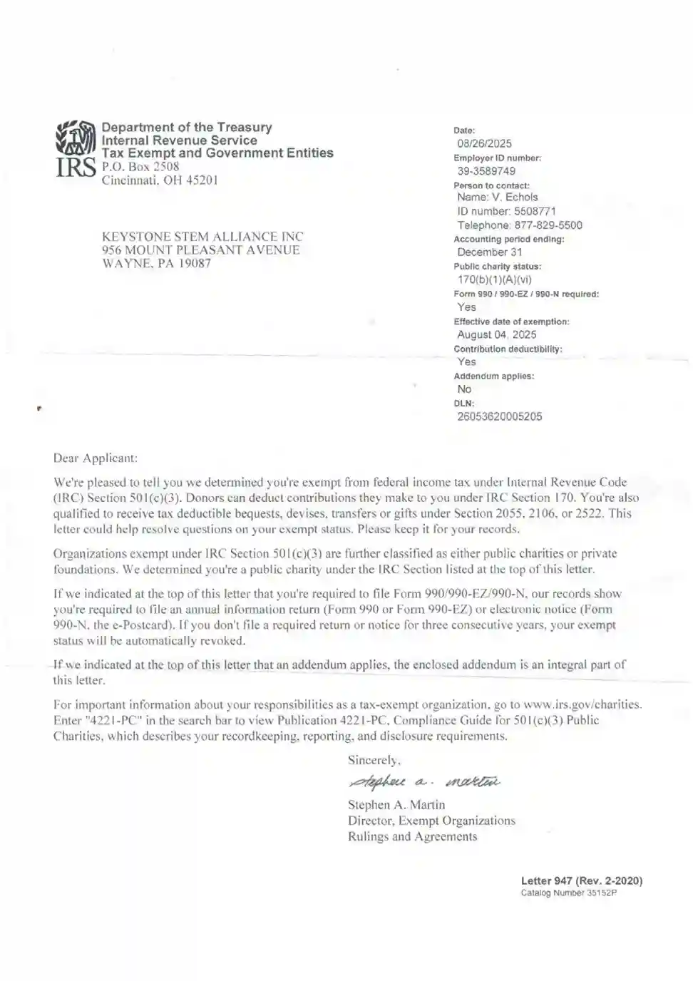 IRS 501(c)(3) Letter of Determination